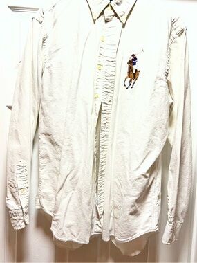 Ralph Lauren White Classic Oxford Cloth Fit Button-Up Shirt with Oversized Logo